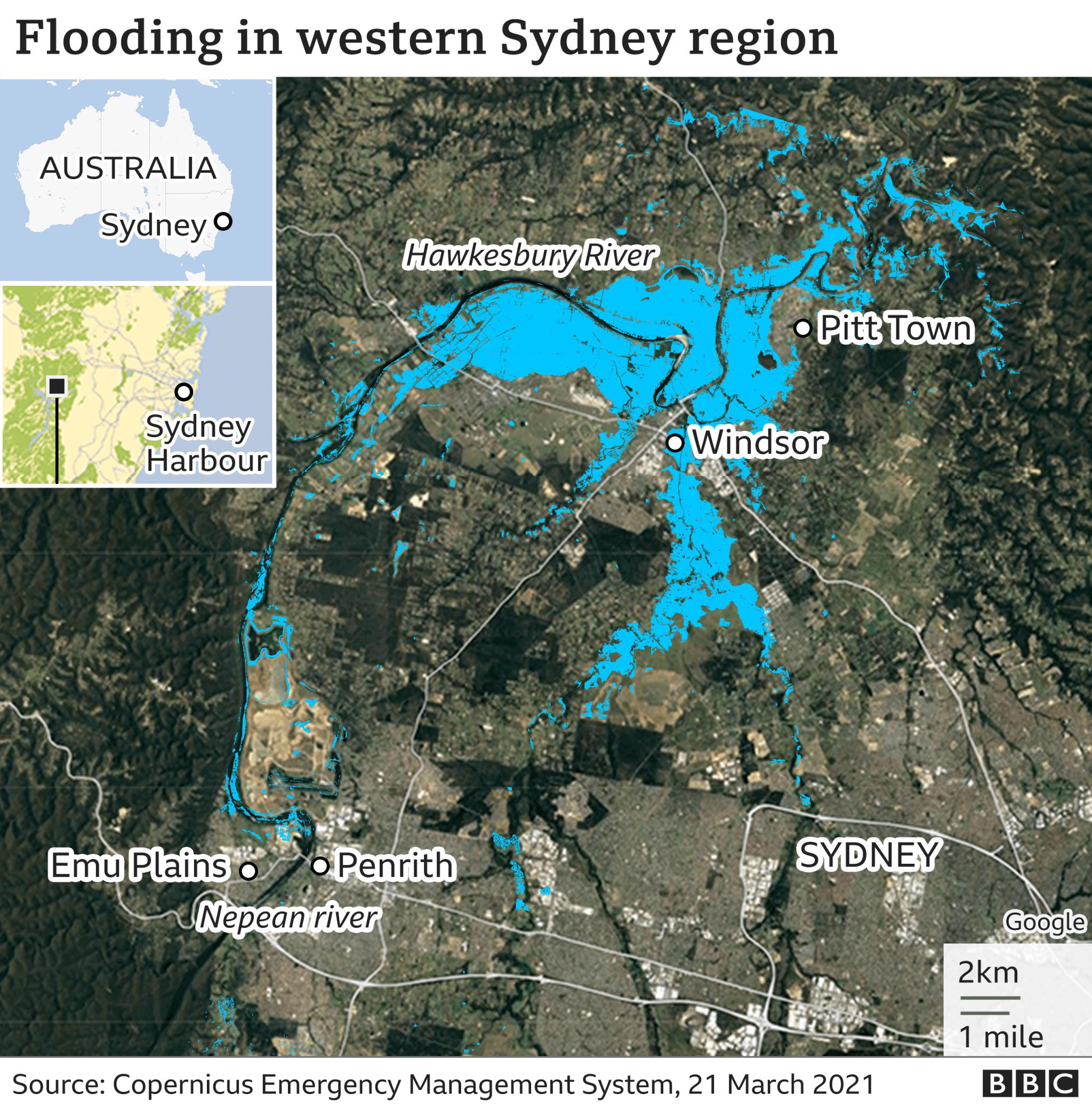 Satellite image showing extent of flooding in western suburbs around Penrith NSW on 21 March 2021