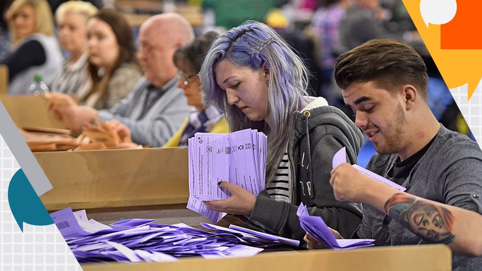 Counting staff check ballot papers in the Scottish Parliament elections at the Emirates Arena on May 5, 2016 in Glasgow