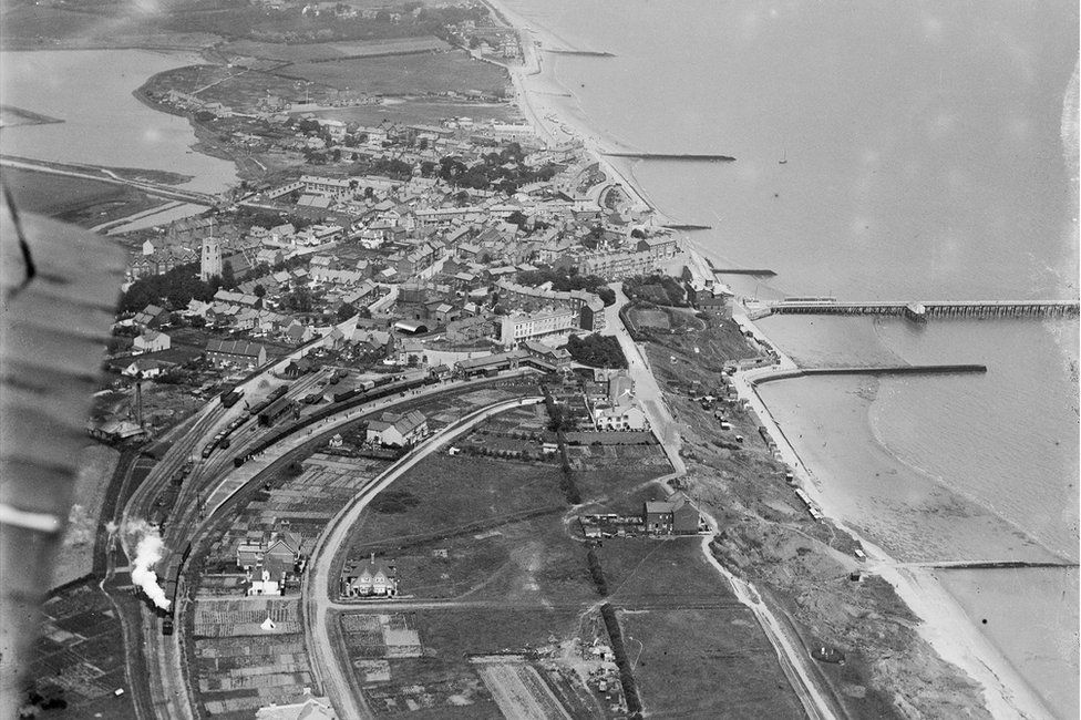 An aerial view of Walton-on-the-Naze and the Tendring Hundred Railway, Essex, taken in June 1920
