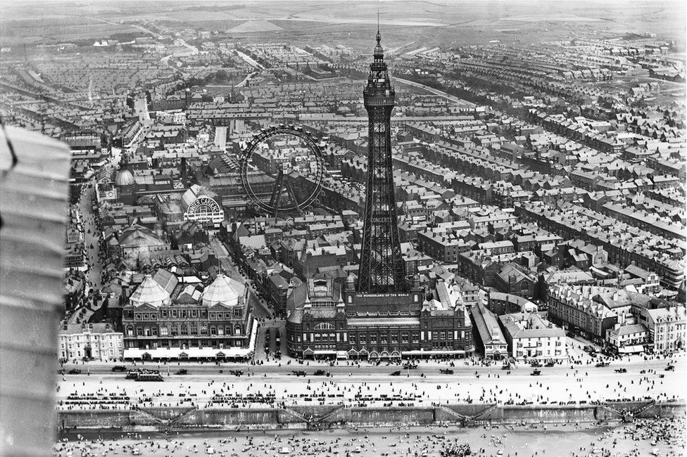 An aerial view of Blackpool Tower and the Winter Gardens in Blackpool, Lancashire, taken in July 1920