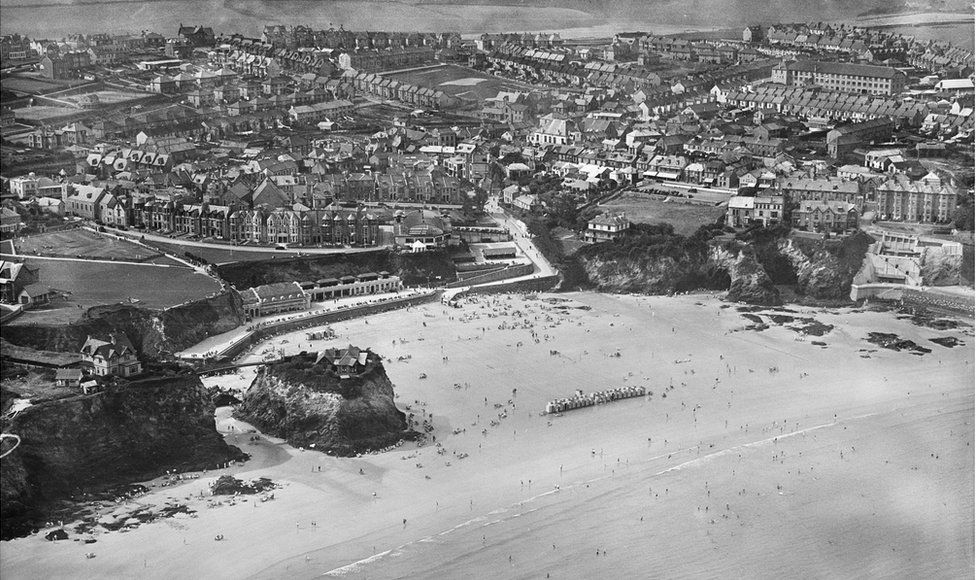 An aerial view of The Island and Towan Beach, Newquay, taken in August 1932