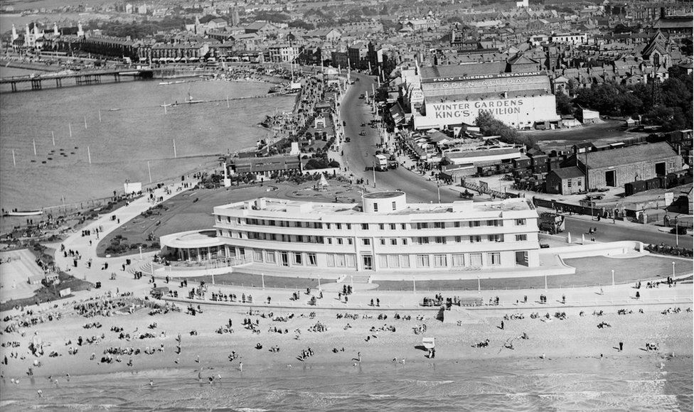 An aerial view of The Midland Hotel and the sea-front in Morecambe, taken in August 1934