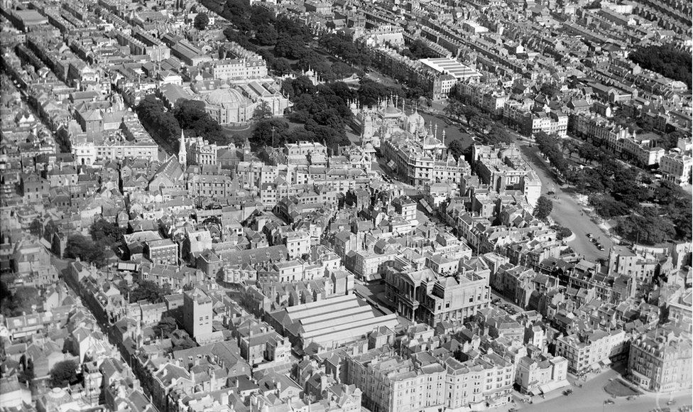 An aerial view of The Royal Pavilion and surrounding streets, Brighton, taken in August 1926
