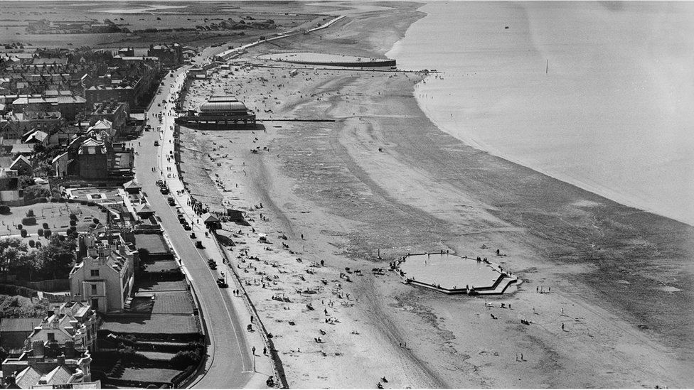 An aerial view of the esplanade and the beach, Burnham-on-Sea, Somerset, taken in August 1932