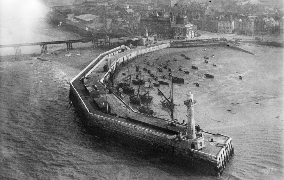 An aerial view of the harbour pier, Margate, Kent, taken in February 1920