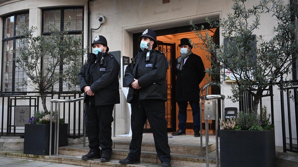 Police officers guard the entrance to the King Edward VII Hospital wher<em></em>e the Duke of Edinburgh has been admitted as a precaution