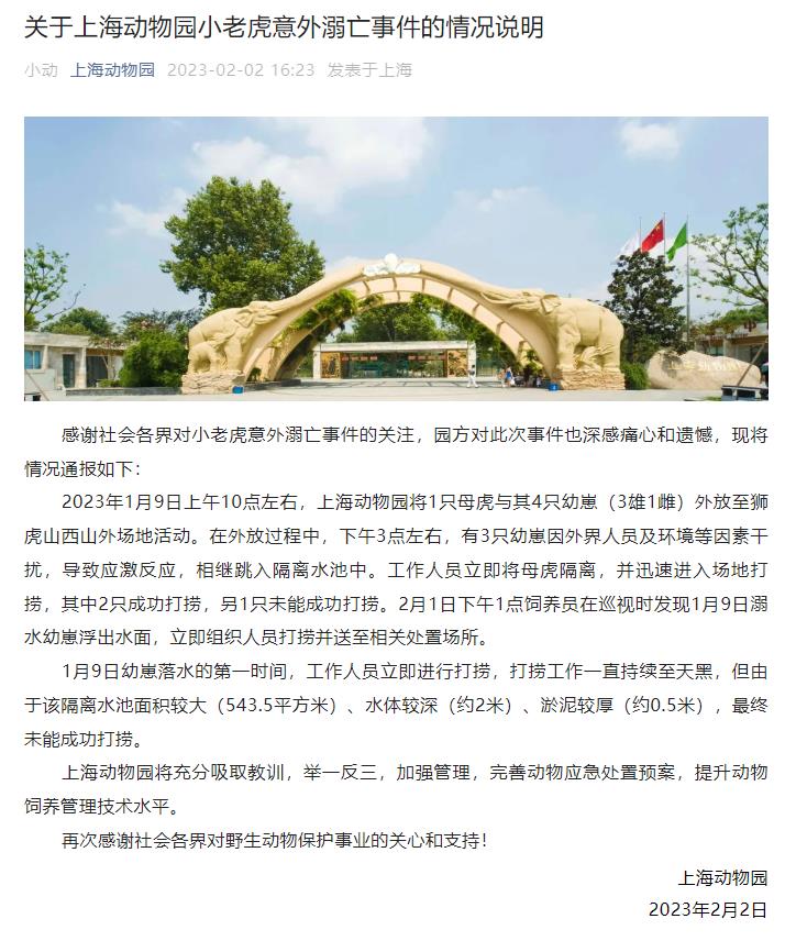 上海动物园通报小老虎意外溺亡 因应激反应跳入隔离水池